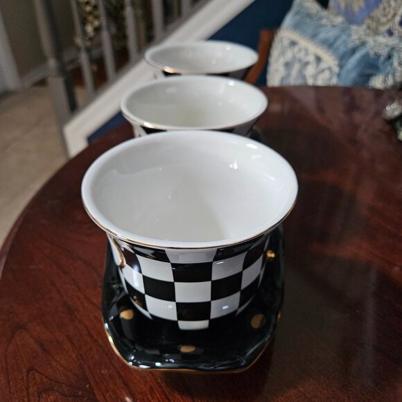 RARE 3 MACKENZIE CHILDS COURTLY CHECK BLACK TIE CERAMIC HERB POT CONTAINER TRAY - Picture 7 of 14